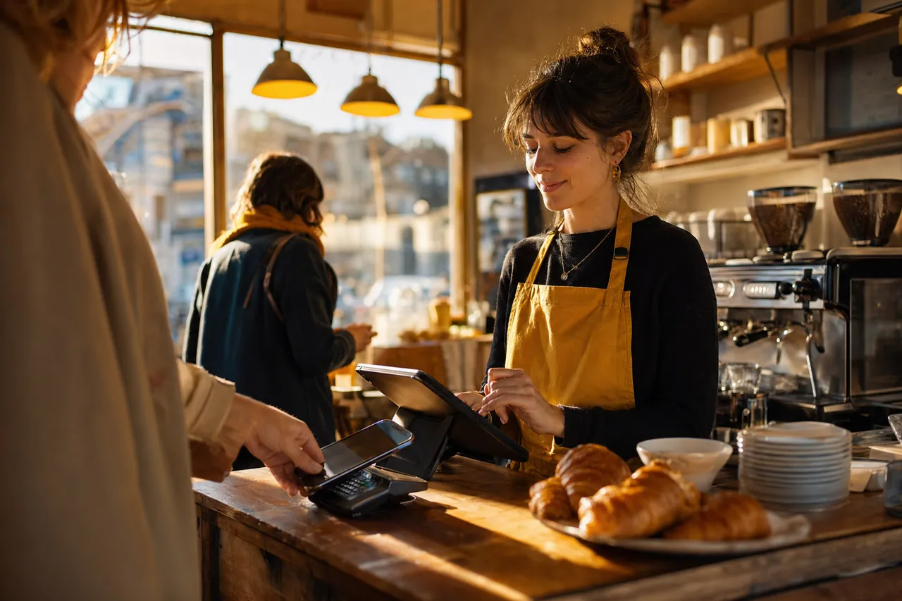 femme au comptoir qui encaisse sur une tablette avec shopcaisse