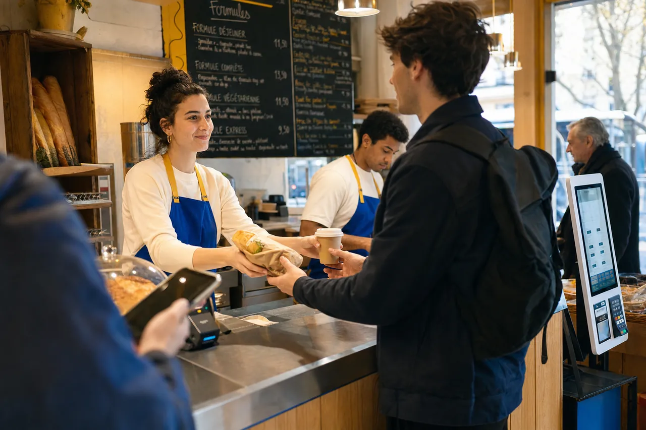 Snack-bar urbain à l'heure du déjeuner, comptoir inox, menu sur ardoise et borne de commande en libre-service.