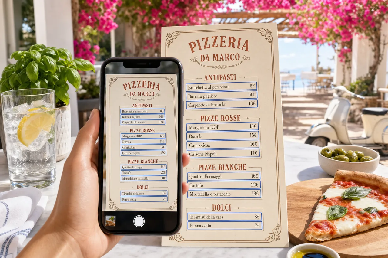 Menu d'un bistrot français photographié par un iPhone, l'IA détecte chaque ligne du menu