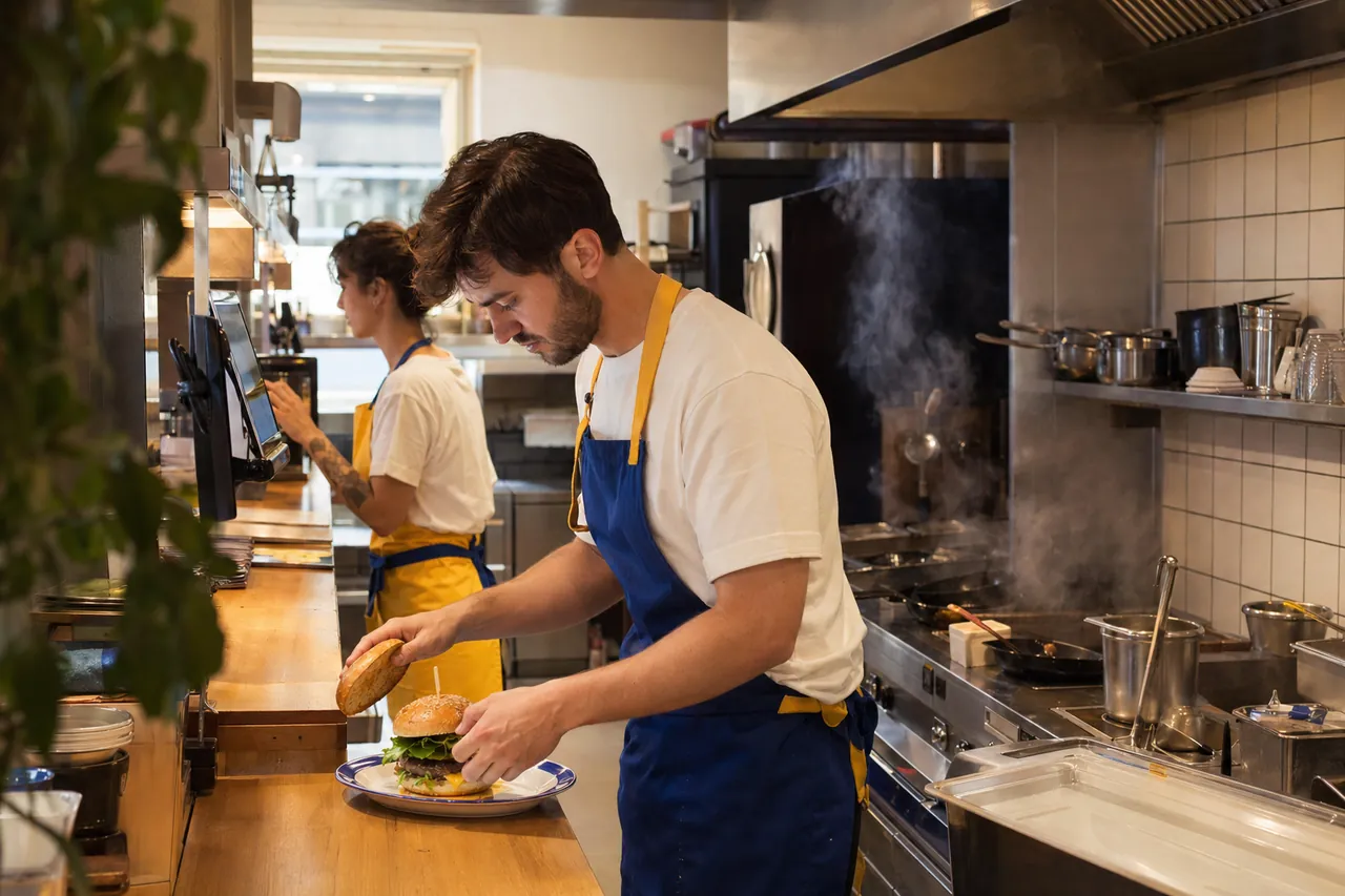 Vue d'un fast-food à l'heure du déjeuner avec équipe au comptoir, écrans de menu et bornes de commande libre-service.