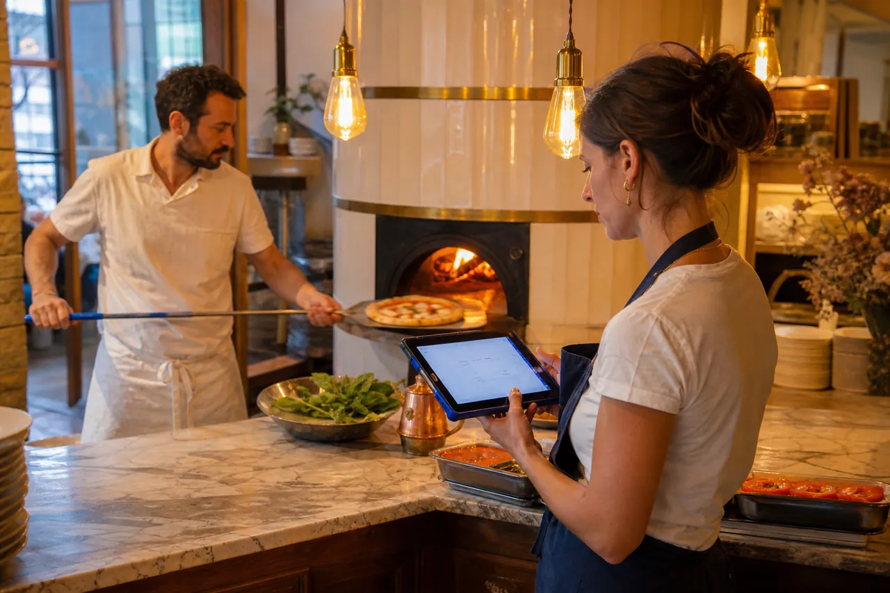 Pizzeria italienne avec four à bois en fond et pizzaiolo tenant un iPad de caisse au comptoir.
