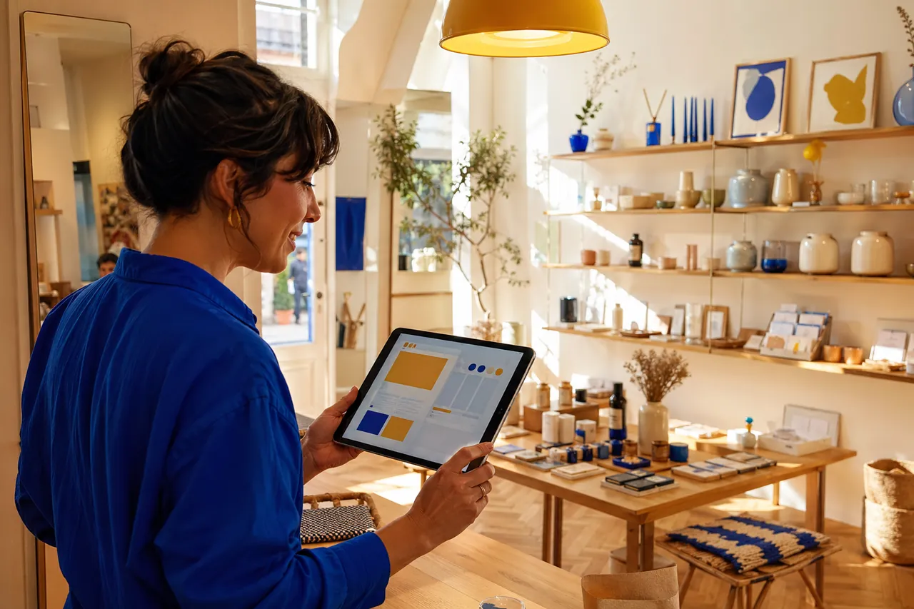 Intérieur d'une boutique de prêt-à-porter avec rayons d'articles et caisse enregistreuse tactile au comptoir.