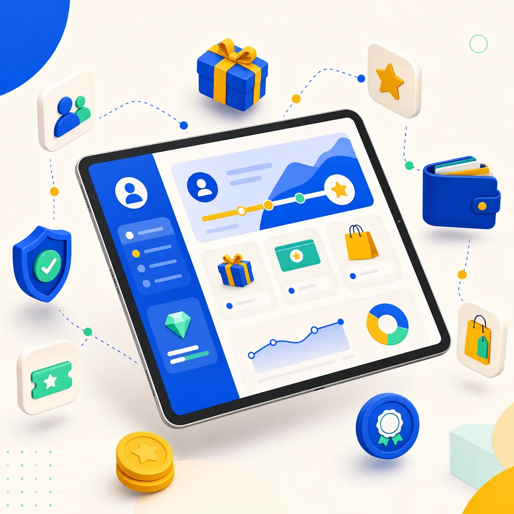 Illustration d'un compte client fidélité sur tablette, avec profil, points et récompenses.
